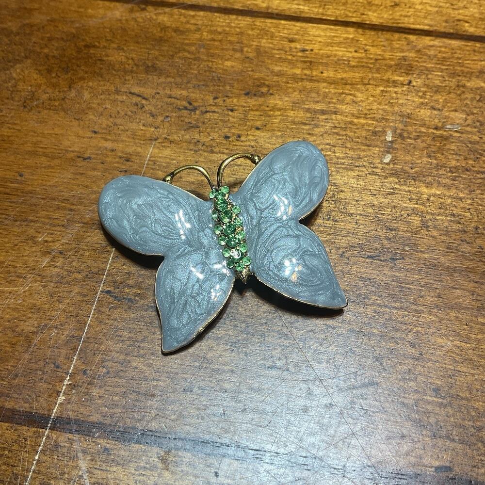 Vintage Enamel & Rhinestone Uranium Butterfly Brooch Pin‎ Gray & Green Read